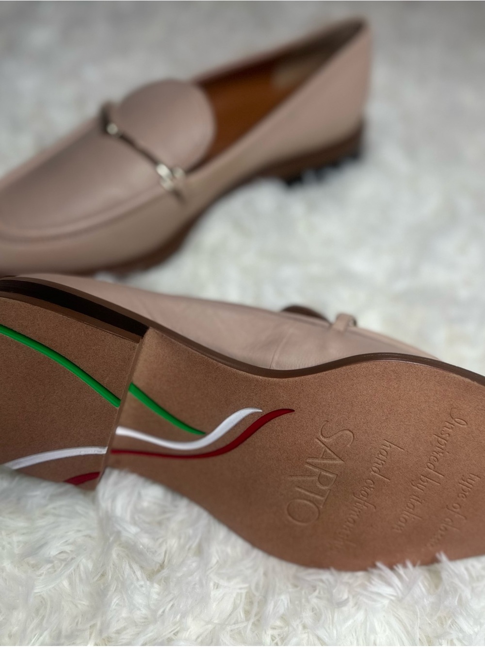 SARTO By Franco Sarto Oyster Beige Leather Loafers with Hardware Links